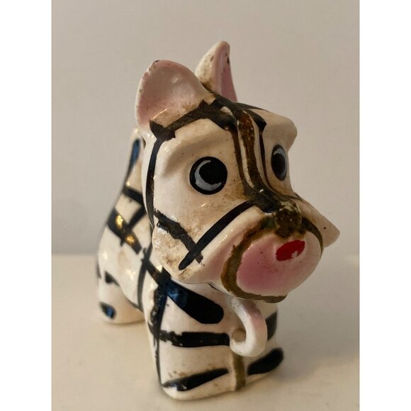 Scottie Terrier Dog Black White Plaid Puppy Porcelain Figurine Vintage - Picture 2 of 9